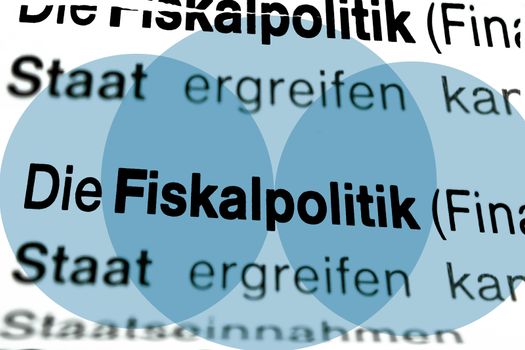 Text auf Seite "Fiskalpolitk" mit markierung horizontale Nahaufnahme