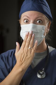 Shocked Looking Female Doctor or Nurse with Hand in Front of Mouth.