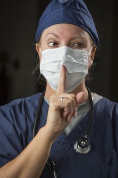 Secretive Female Doctor or Nurse with Finger in Front of Mouth.