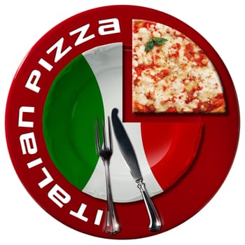 Plate colored with the colors of Italian flag, red under plate with text Italian Pizza, a slice of pizza and silver cutlery isolated on white background