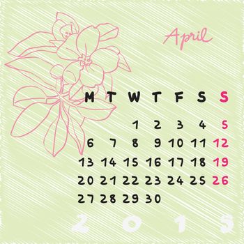 Calendar 2015, graphic illustration of April month calendar with original hand drawn text and apple tree flower