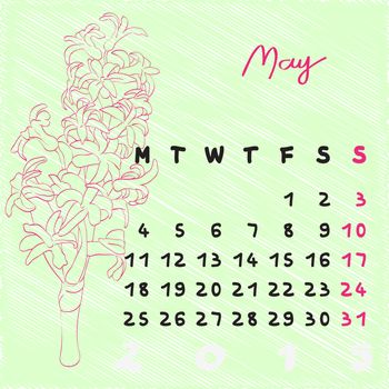 Calendar 2015, graphic illustration of May month calendar with original hand drawn text and hyacinth flower