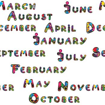 The months of the year pattern, colored hand drawn capital letters with pixel art model over white, calendar cover