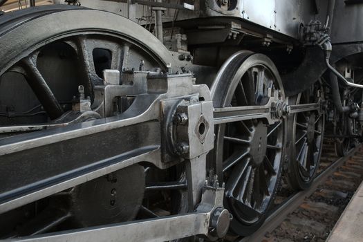 Steam locomotive detail with cranks and wheels