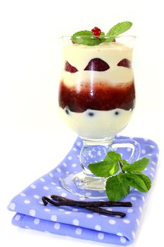 a dessert in a glass, layered with pudding, red stewed fruit and berries