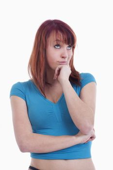 portrait of a pretty, young woman thinking - isolated on white