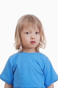 studio portrait of a boy with long blod hair - isolated on white