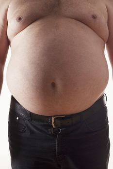 big belly of a fat man isolated on white