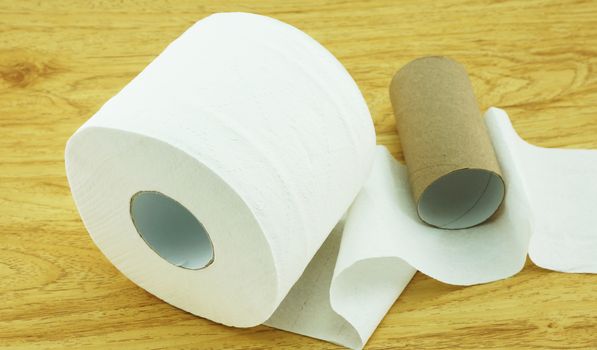 Roll of toilet paper and a core of rolls, placed on the wooden floor.                              