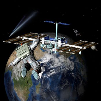 Earth satellite space station with astronauts. Elements of this image furnished by NASA.