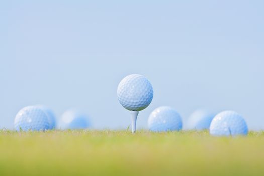 golf ball on tee surrounded by other golf balls out of focus