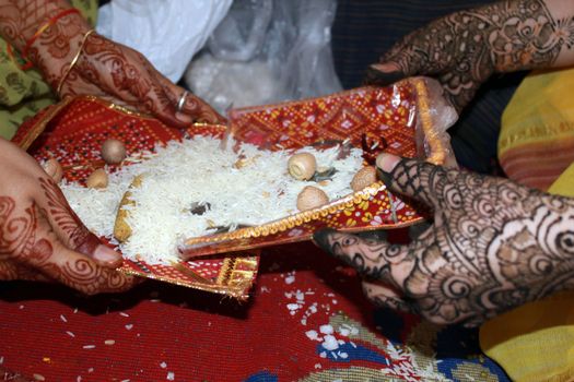 Mehendi decorated Hands of two ladies during a traditional ritual performed in a Jain marriage