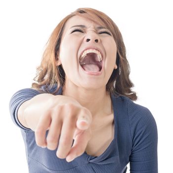 Asian woman pointing and laughing at you, closeup portrait.