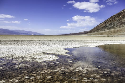 A pool of salty water in the salt flats at Badwater Basin in Death Valley