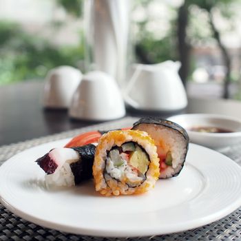 closeup of sushi rolls traditional japanese food 