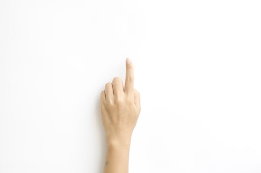 asia woman Hand touching virtual screen on a white background