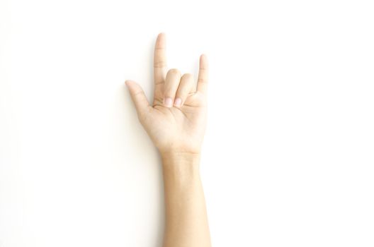 asia woman hand sign I love you symbol on a white background