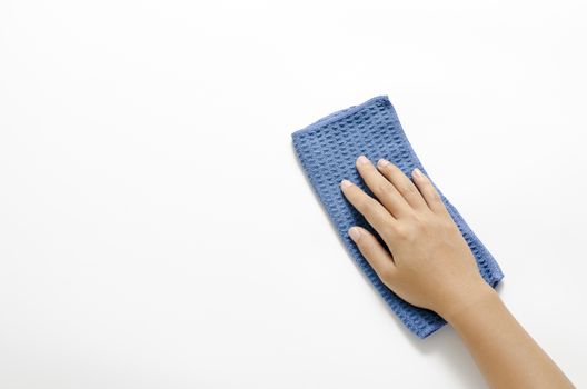 asia  woman right hang with blue rag cleaning on a white background hang with blue rag cleaning on a white background