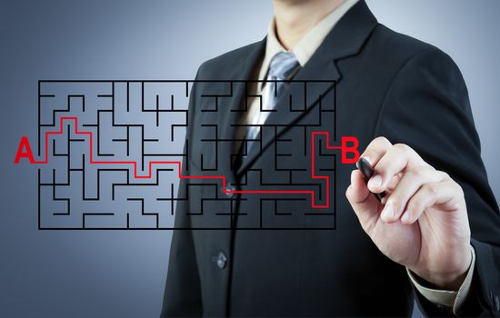 Businessman finding the solution from A to B