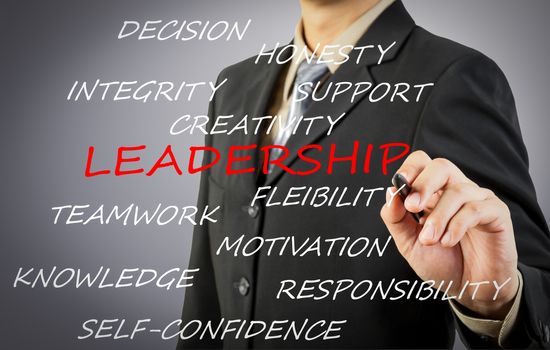 Businessman hand writing leadership concept