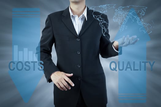business man standing and presents cost and quality, finance technology concept background