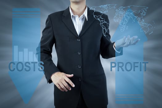 business man standing and presents cost and profit, finance technology concept background
