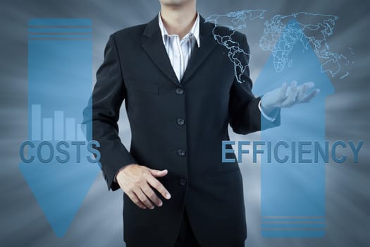 business man standing and presents cost and efficiency, finance technology concept background