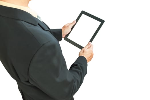 business man holding digital tablet, blank screen on white background