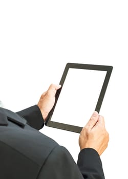 business man holding digital tablet, blank screen on white background