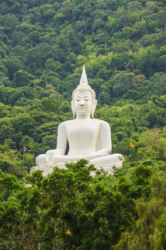 Big Buddha white color, at Wat Thep Phitak Punnaram temple in the mountain and forrest, Korat, Thailand