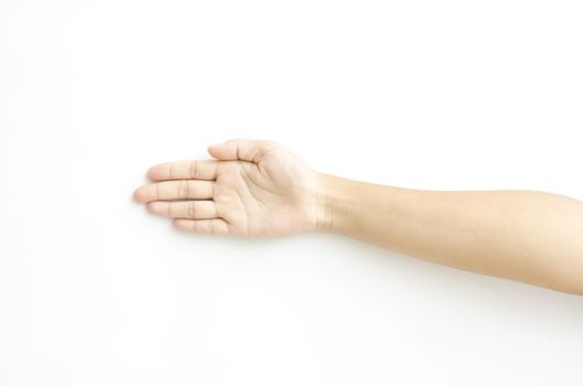 asia woman open hand on a white background