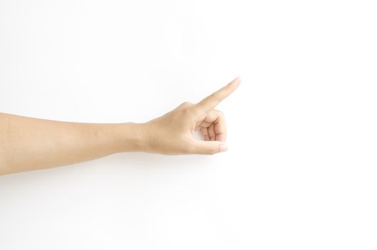 asia woman Hand touching virtual screen on a white background