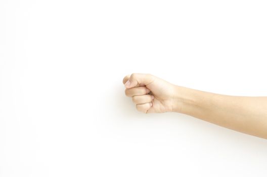 asia woman strength hand sign on a white background