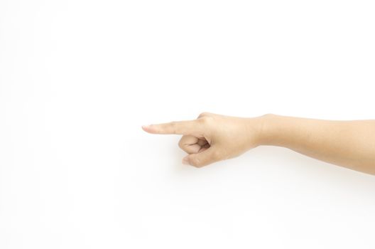 asia woman Hand touching virtual screen on a white background