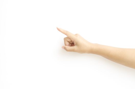 asia woman Hand touching virtual screen on a white background