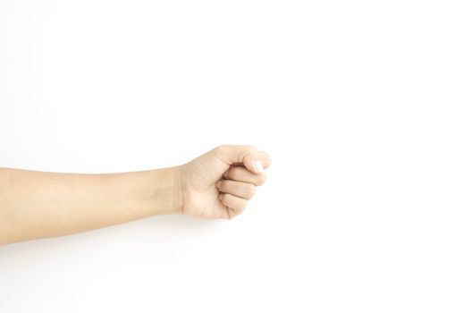 asia woman strength hand sign on a white background