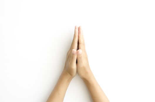 asia woman  hands hold sign on a white background