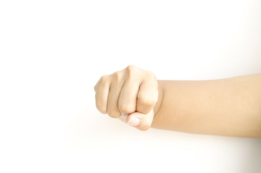 asia woman strength hand sign on a white background
