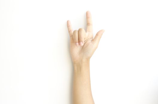 asia woman hand sign I love you symbol on a white background