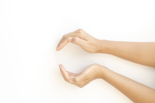 woman two hand make circle concept protecting something on a white background
