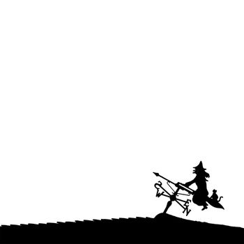 Silhouette of Halloween witch and cat on a broomstick