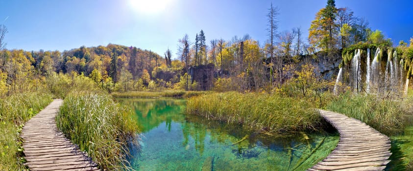 Amazing boardwalk through Plitvice lakes national park in Croatia