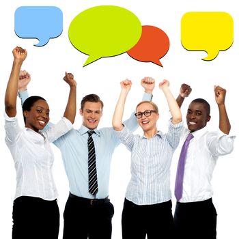 Successful business people with colorful speech bubbles