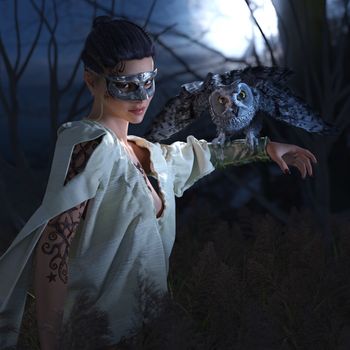 Beautiful sexy witch in mask with owl halloween background