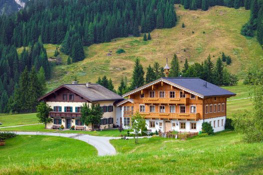 Dienten am Hochkonig, Austria - August 8, 2013: Beautiful typical mountain guests houses on austrian alps, Austria