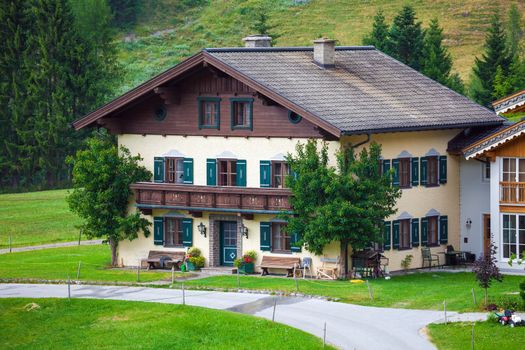 Dienten am Hochkonig, Austria - August 8, 2013: A beautiful typical mountain guests house on austrian alps , Austria