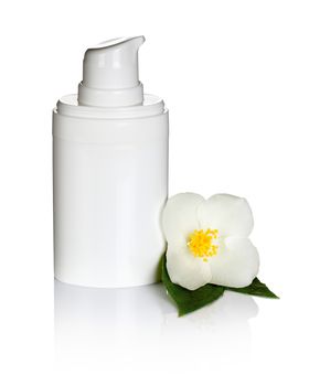 Jasmine cream with jasmine flower on white background