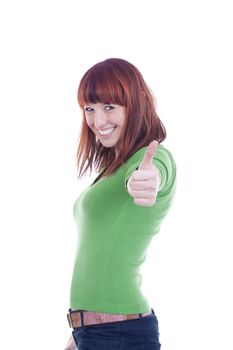 young cheerful woman showing thumbs up sign - isolated on white