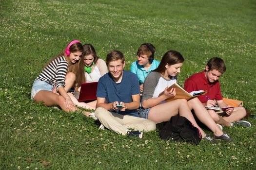 Group of six male and female teens studying together