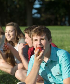 Hungry male teenager with friends eating healthy food